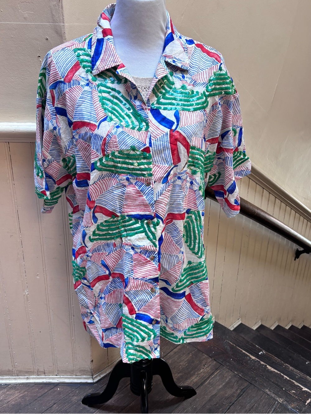 Anthropologie Short-Sleeve Button-Up Shirt with Sequin Beach Umbrella Print NWT